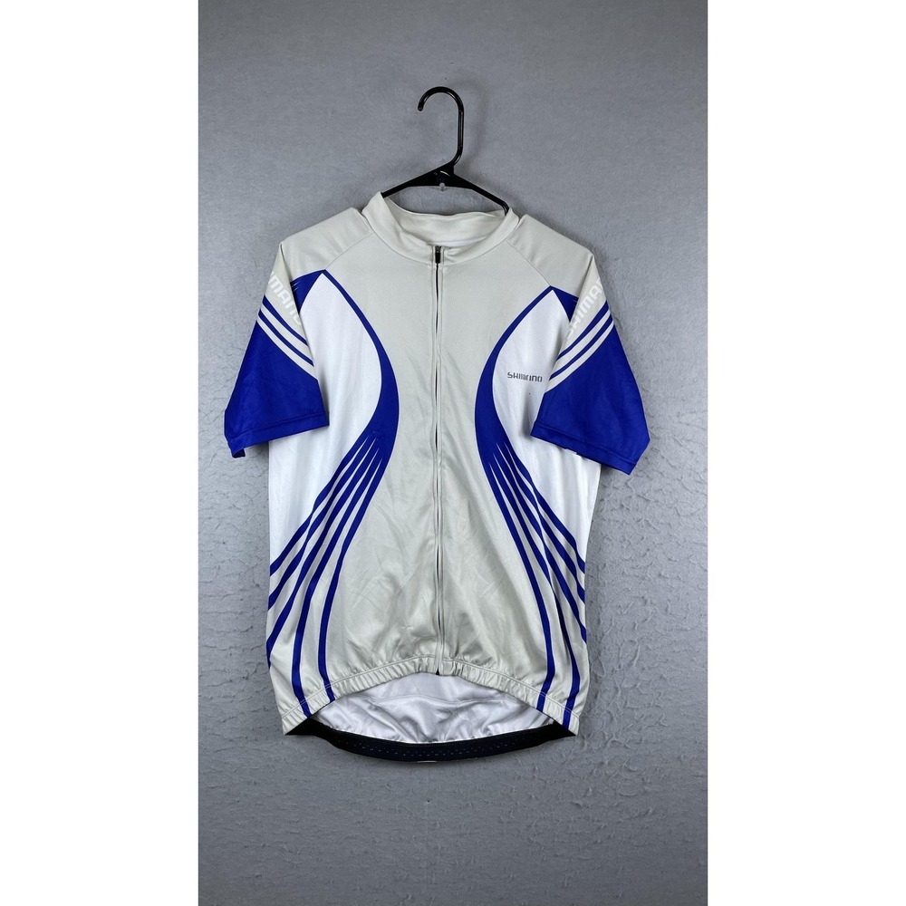 Shimano Cycling Jersey‎ Mens Large White Blue Full Zip Short Sleeve Road Bike